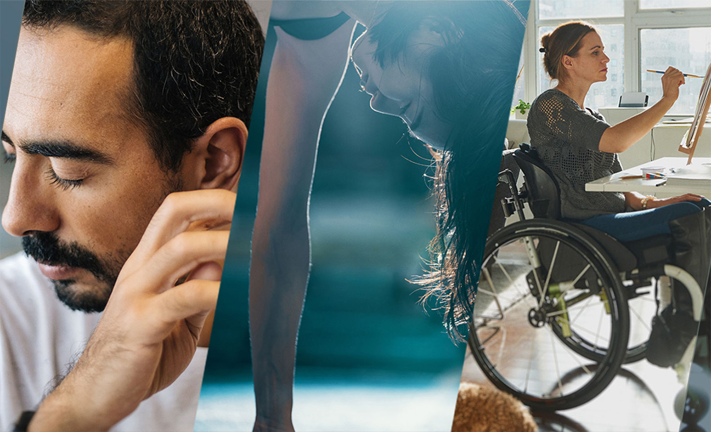 Três imagens unidas, com uma pessoa de olhos fechados, uma pessoa a fazer o pino e uma pessoa numa cadeira de rodas a pintar uma tela.