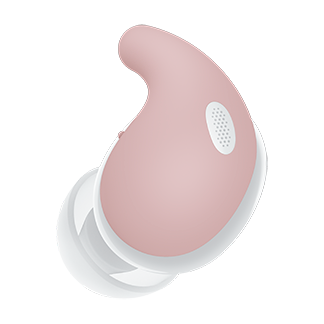 Um auricular LinkBuds Fit branco com suporte moldável rosa.